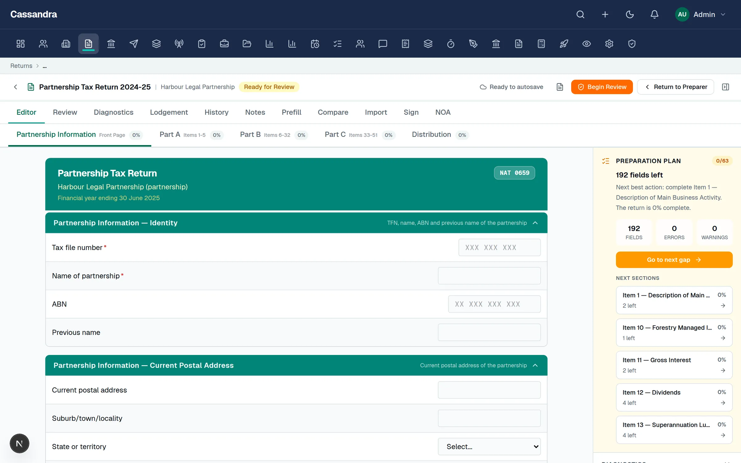 Company tax returns workspace screens