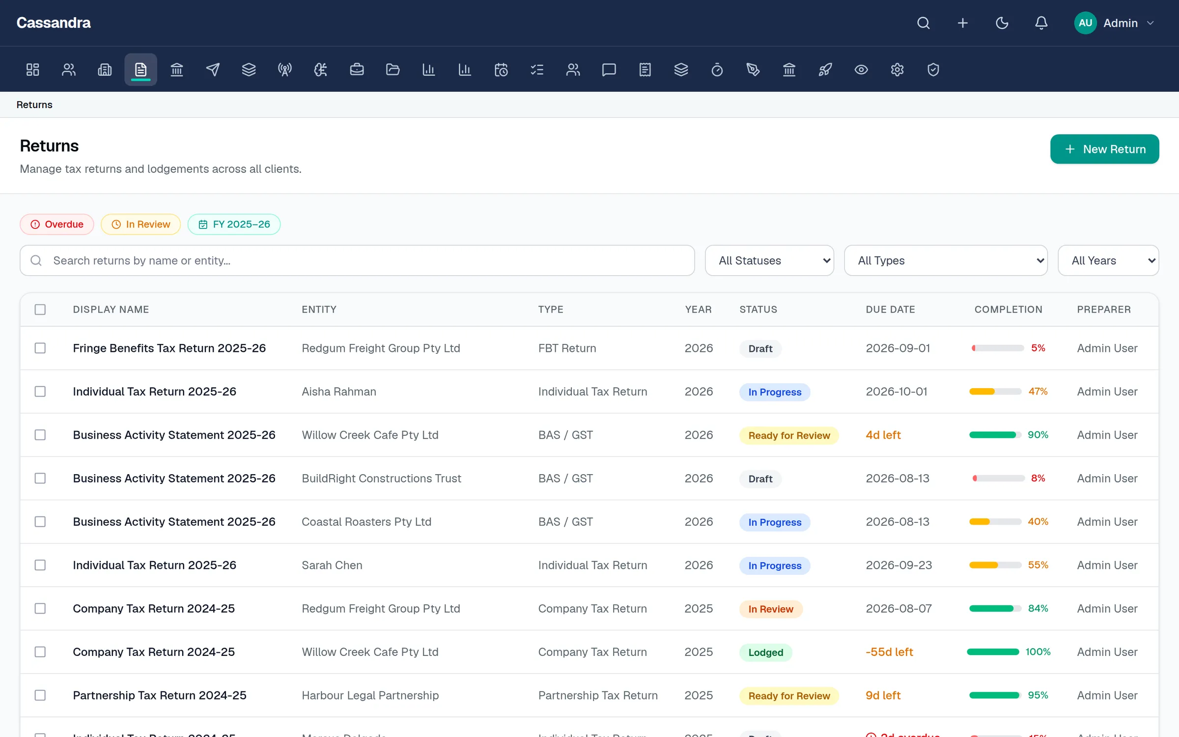 Cassandra Tax returns list with completion progress, status pills and due-date urgency across clients